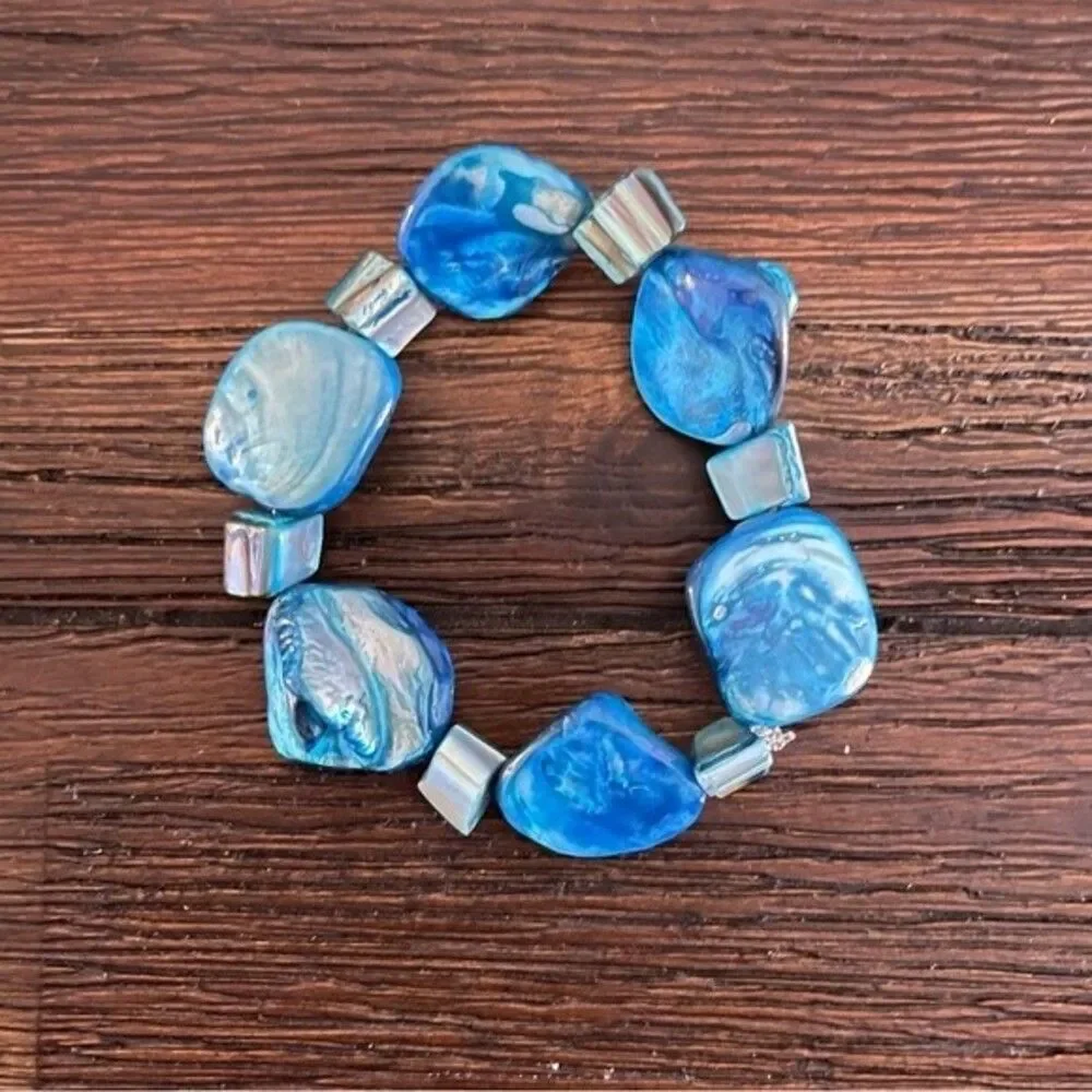 Blue Shell Beaded Chunk Stretch Bracelet